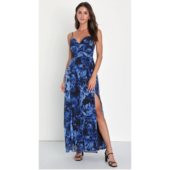 Lulus Beautiful Soul Blue Floral Print Twist-Front Maxi Dress Size M - Picture 8 of 11